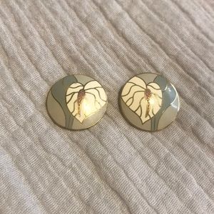 Vintage Laurel Burch Earrings Gold Gray White Pink